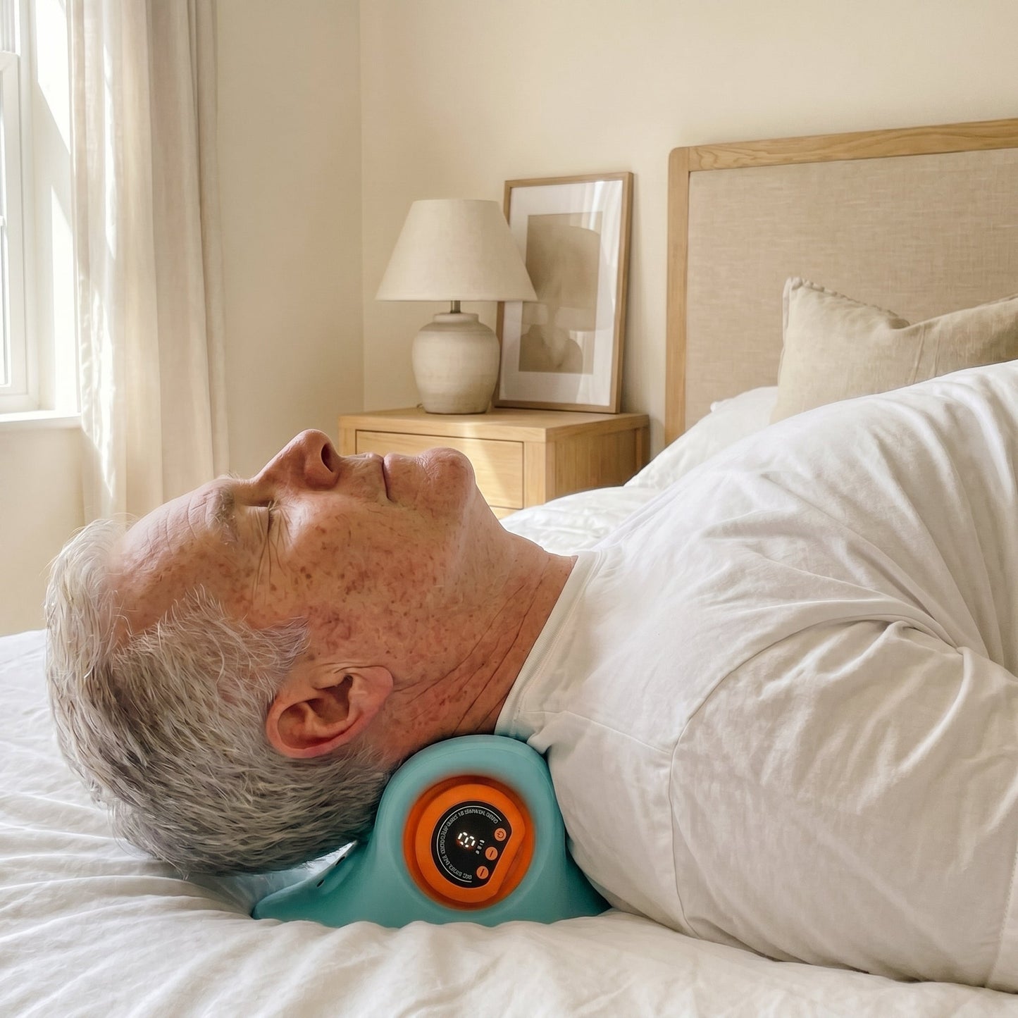 Uomo che usa il massaggiatore cervicale Exos a letto